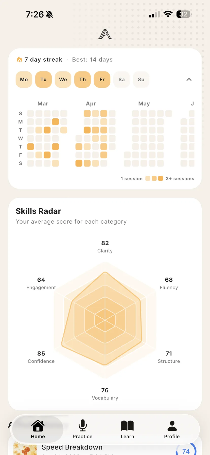 Articulated progress dashboard with streak and skills radar